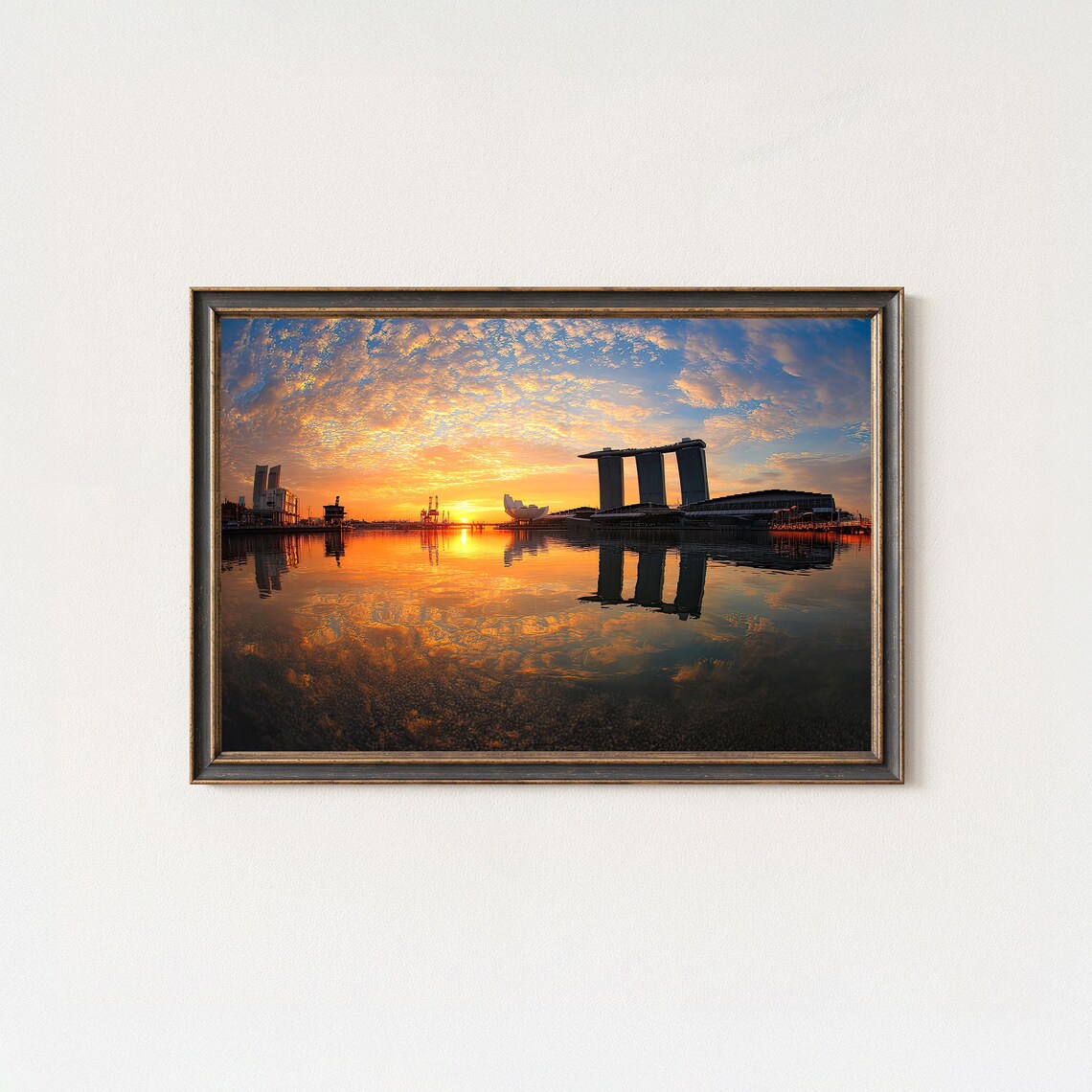 Singapore Marina Bay Sands Golden Sunset Waterfront Reflection Poster