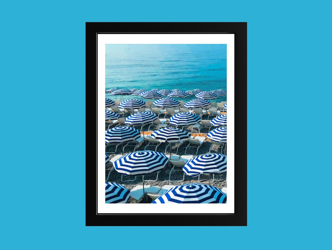 French Riviera Beach Blue Striped Umbrellas Coastal Travel Poster