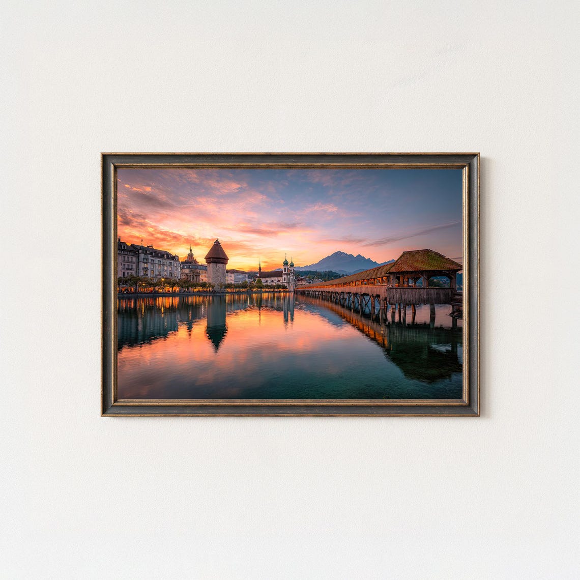 Lucerne Chapel Bridge Sunset Reflection Lake Travel Photo Poster