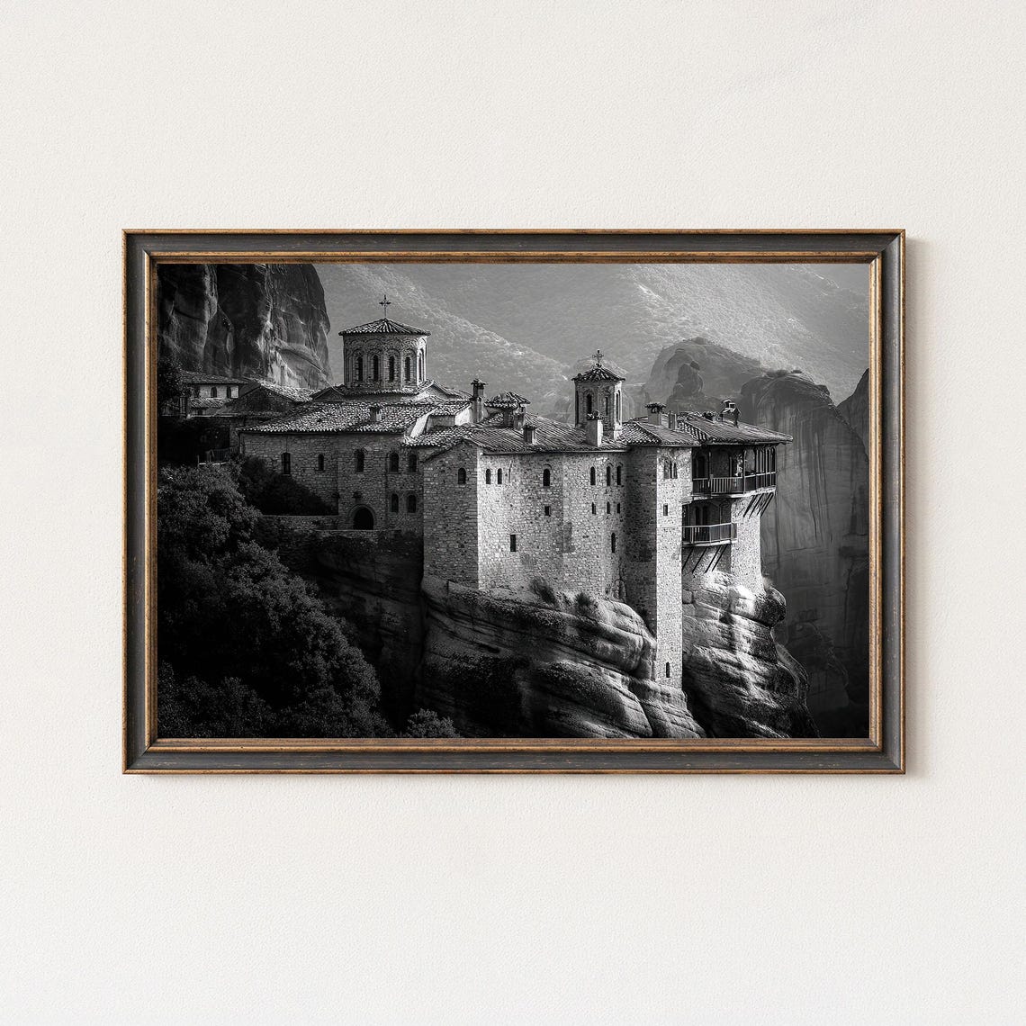 Meteora Monastery Cliff Black and White Ancient Greece Landmark Poster