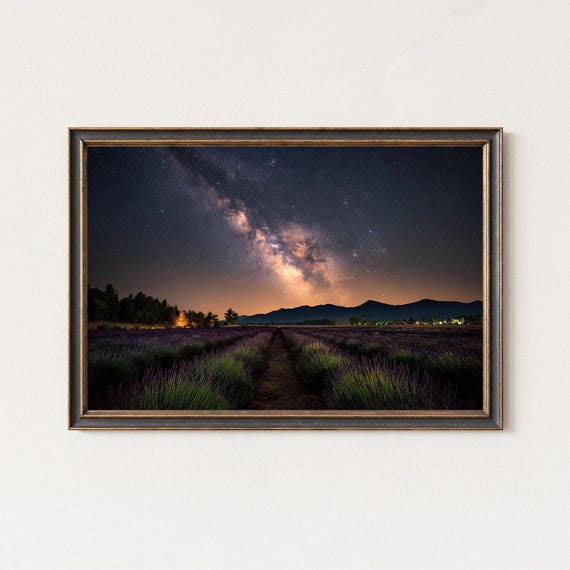 Milky Way Over Lavender Fields Print Night Sky Landscape Wall Art Photography Decor