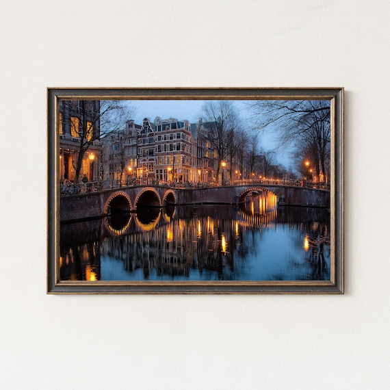 Amsterdam Canal Bridge Lights At Dusk Cityscape Wall Art