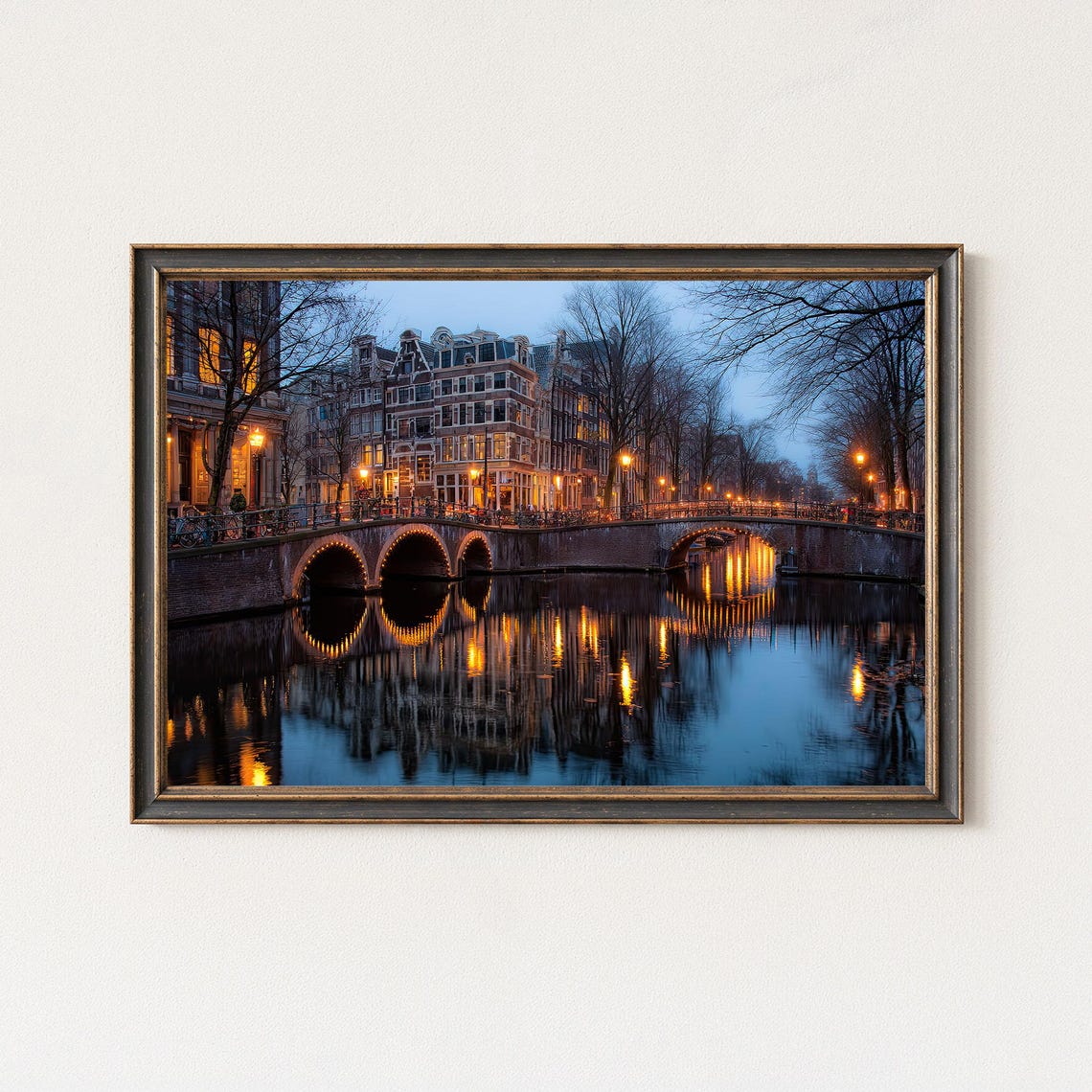 Amsterdam Canal Bridge Evening Lights Reflections Cityscape Poster