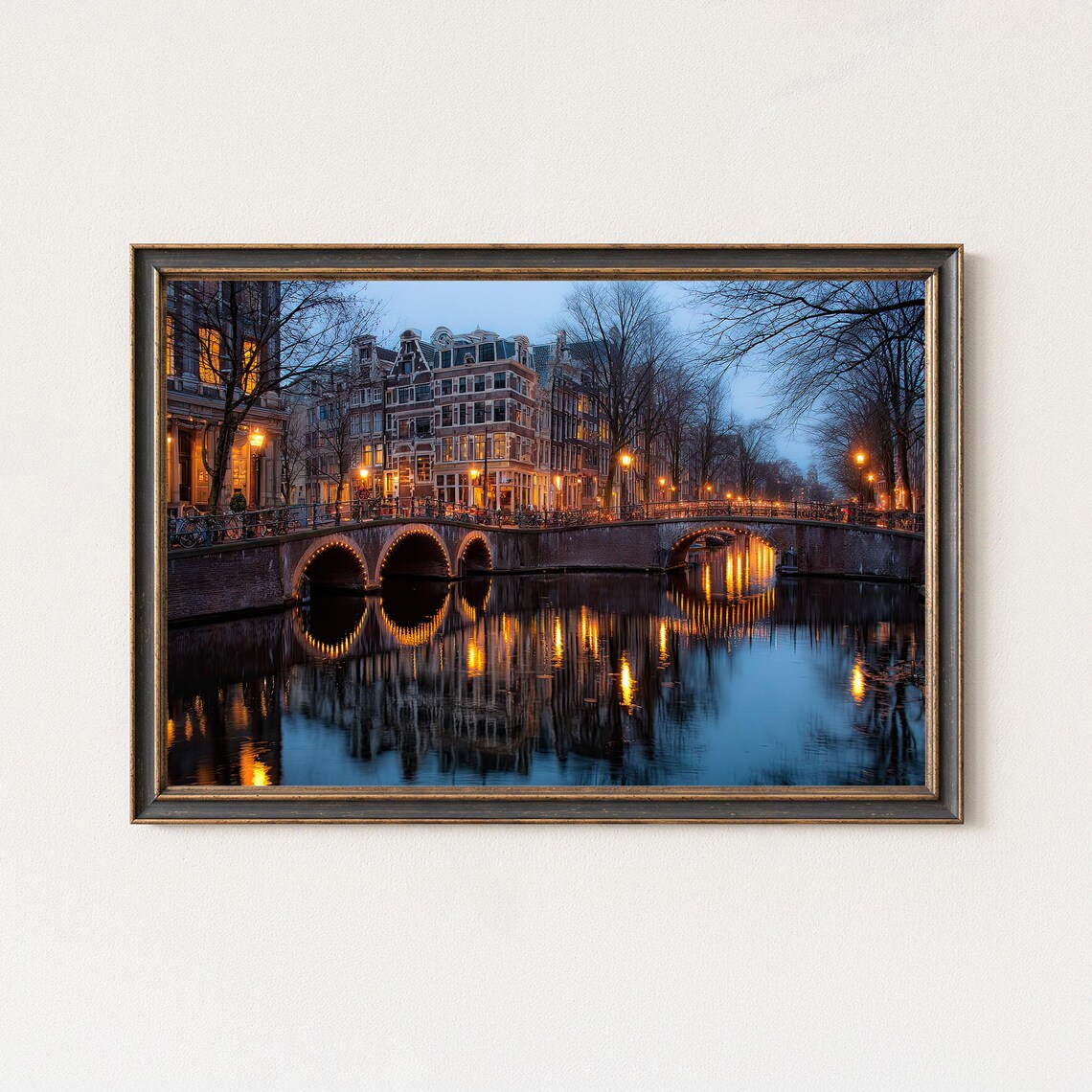 Amsterdam Canal Bridge Lights At Dusk Cityscape Wall Art