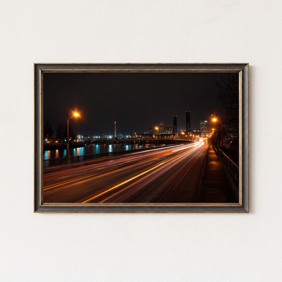 Portland Oregon Broadway Bridge Night Skyline Light Trails Poster