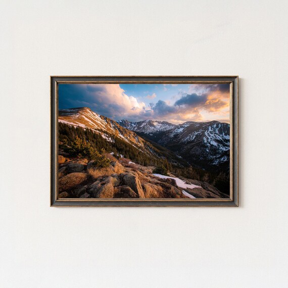 Snowy Mountain Peaks Golden Sunset Alpine Landscape Photo Poster