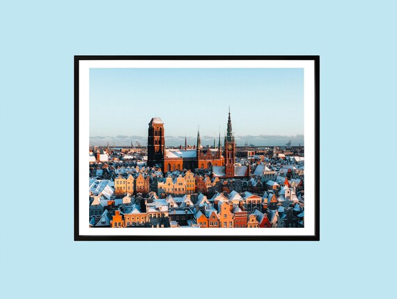 Gdansk Winter Panorama of Snow Covered Old Town Rooftops Poster