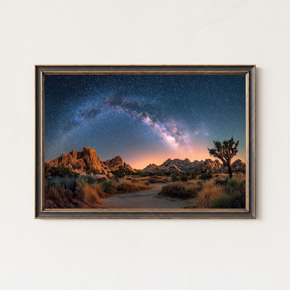 Milky Way Over Joshua Tree Desert Rocks Starry Twilight Poster