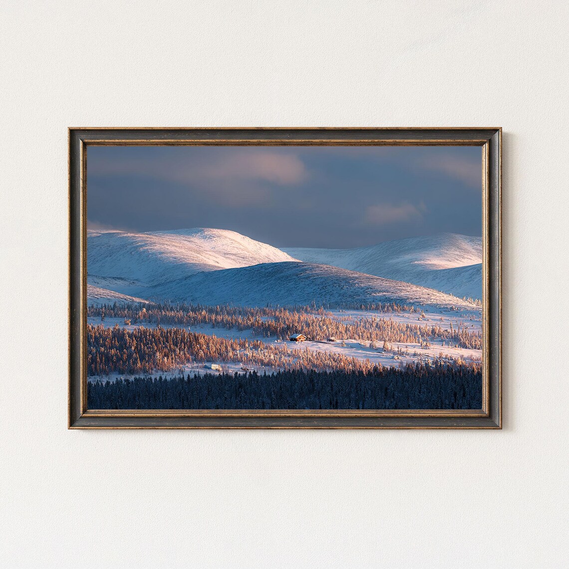 Nordic Winter Sunrise Snowy Mountain Valley Cabin Landscape Poster