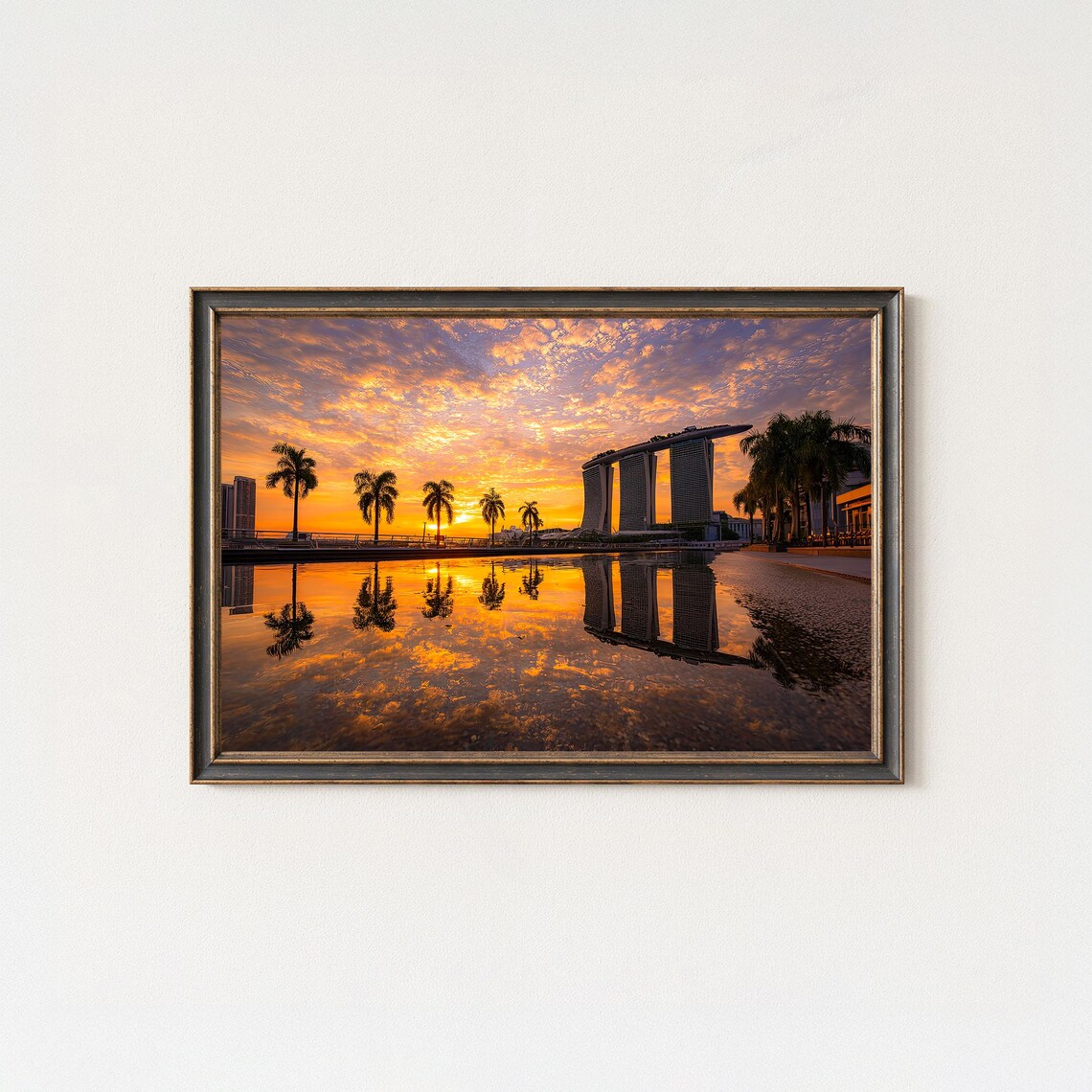 Singapore Marina Bay Sands Sunrise Palm Reflection Photo Poster