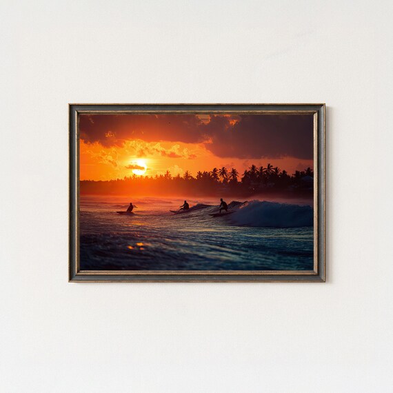 Surfers Riding Waves At Fiery Ocean Sunset Silhouette Photo Poster