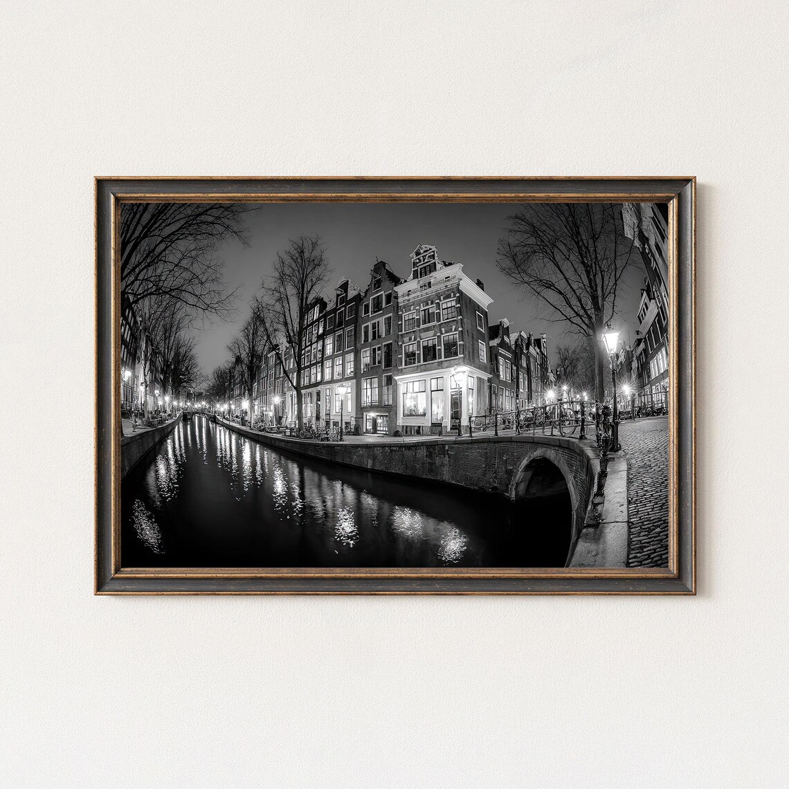 Amsterdam Canal Photography Black And White Night City Print