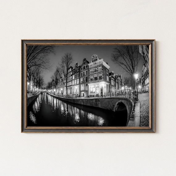 Amsterdam Canal Photography Black And White Night City Print