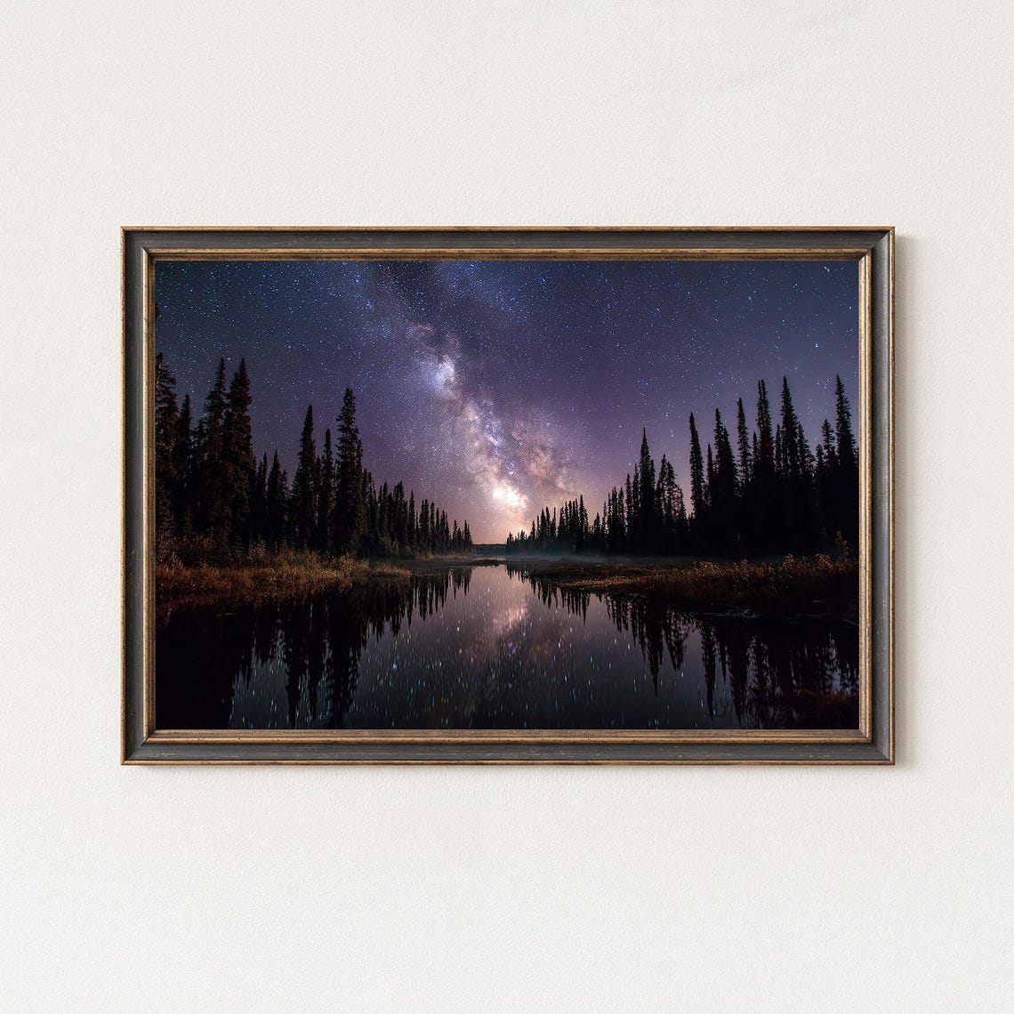 Milky Way Reflection Over Pine Forest Lake Wall Art