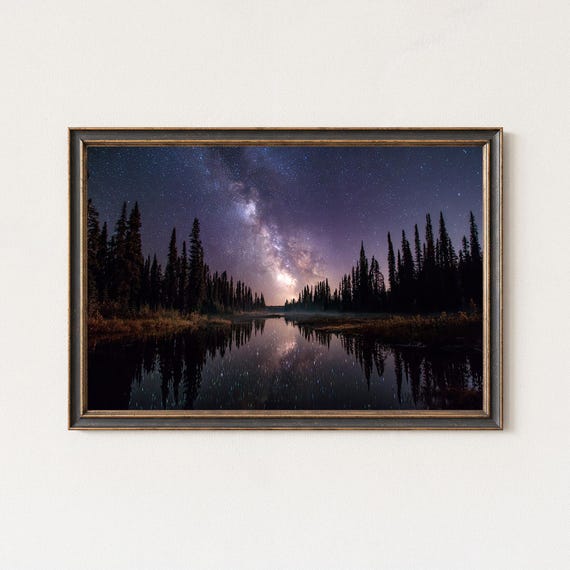 Milky Way Reflection Over Pine Forest Lake Wall Art