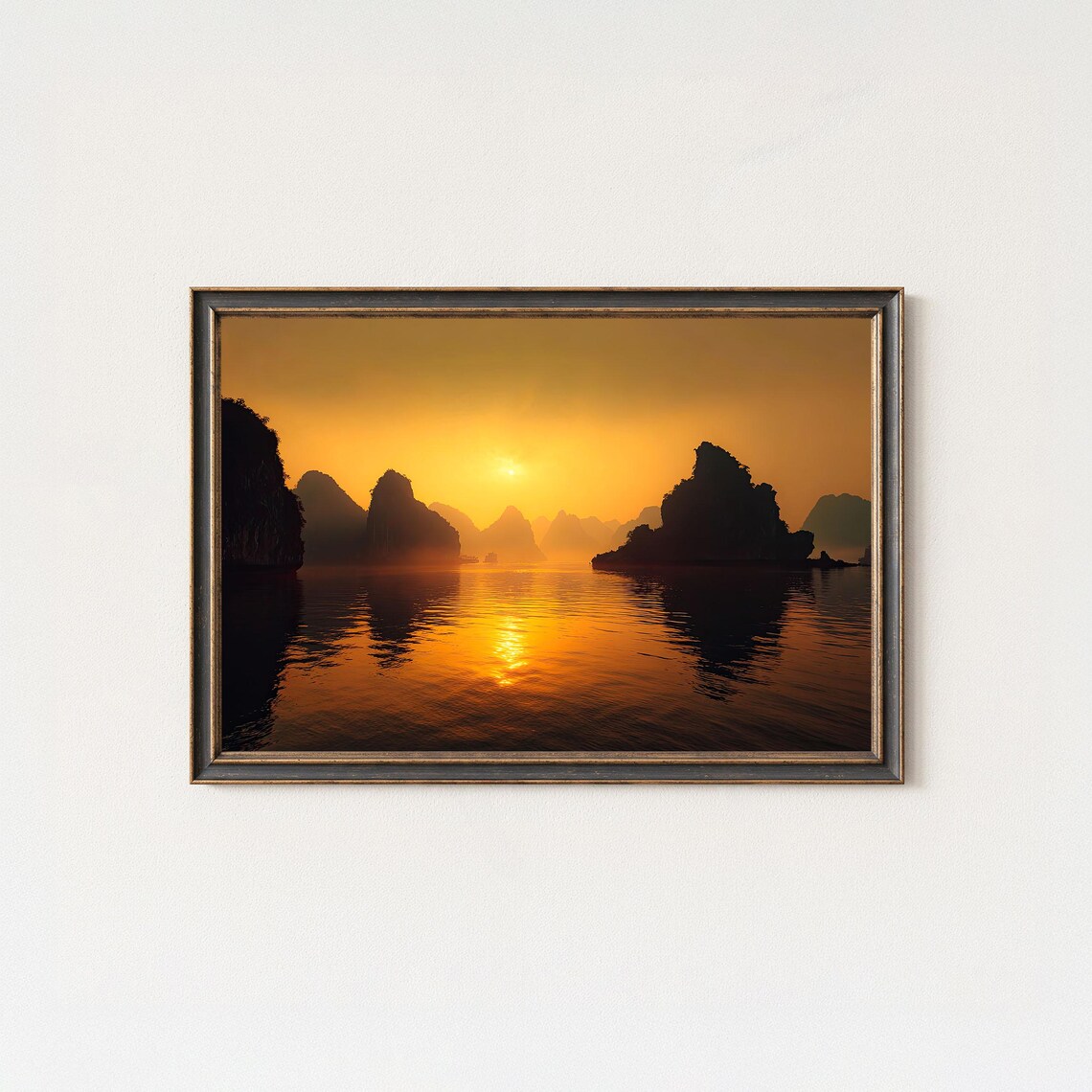Ha Long Bay Golden Sunrise Karst Silhouettes Calm Sea Poster