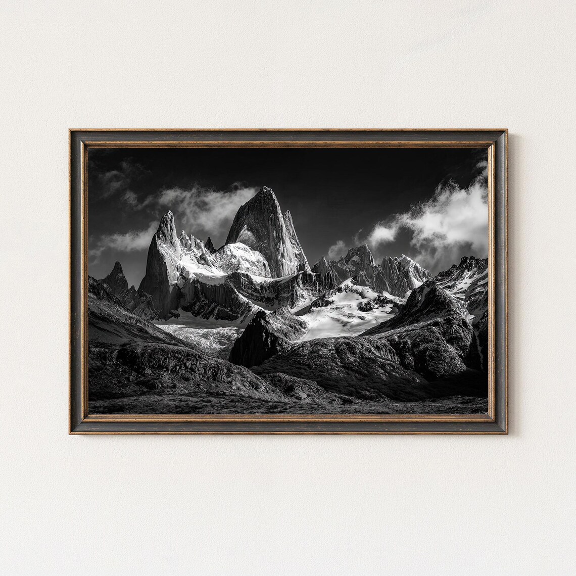 Mount Fitz Roy Patagonia Jagged Peaks Black White Photo Poster