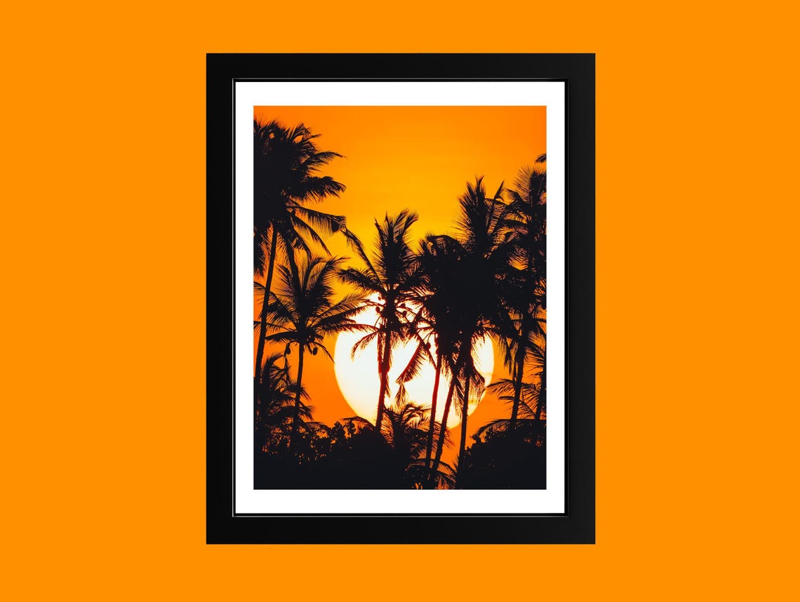 Tropical Sunset Palm Tree Silhouettes Orange Sky Beach Art Poster