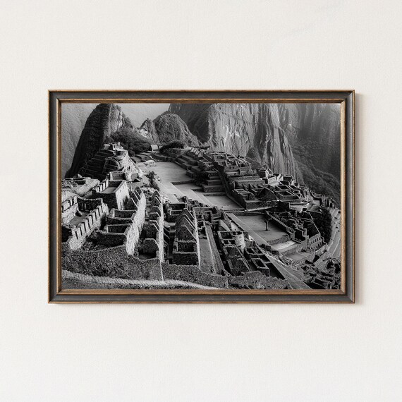 Machu Picchu Terraces Black White Ancient Ruins Photography Poster