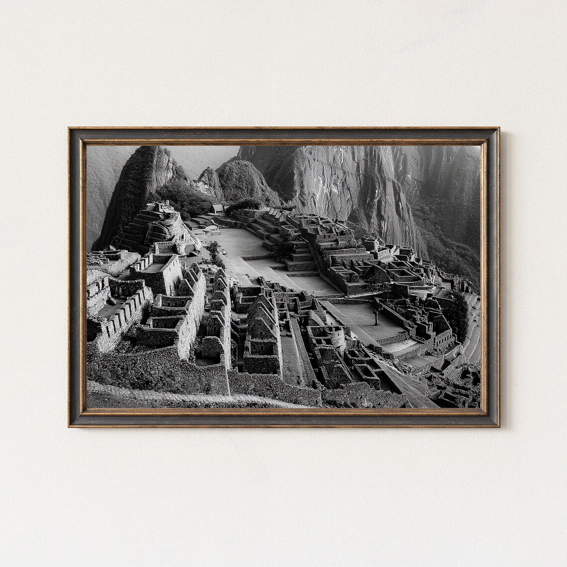 Machu Picchu Terraces Black White Ancient Ruins Photography Poster