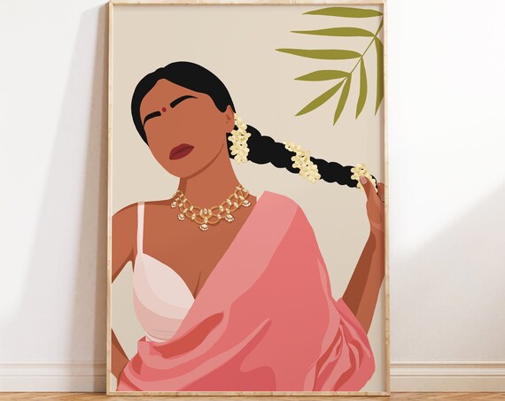 Modern Indian Woman in Saree Art Print, Desi Decor