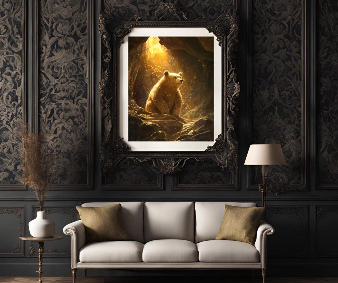Golden Bear Sitting in a Glowing Magical Cave Light Art Poster - Image 3