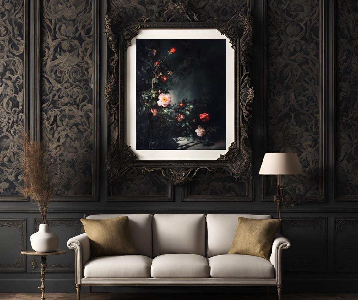Moody Dark Roses in Deep Shadow Botanical Cottagecore Art Poster - Image 3