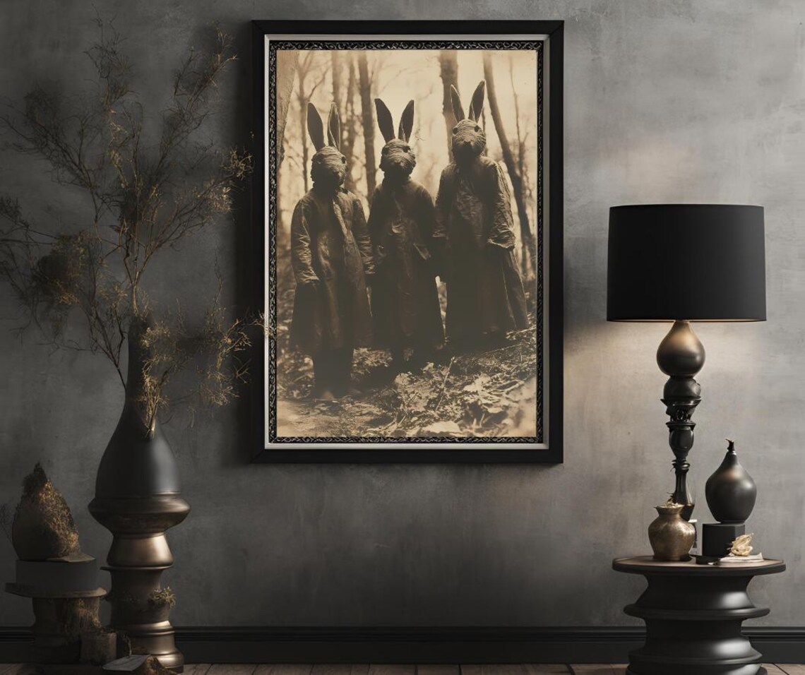 Creepy Rabbit Masked Figures Vintage Forest Photo Style Art Poster - Image 2