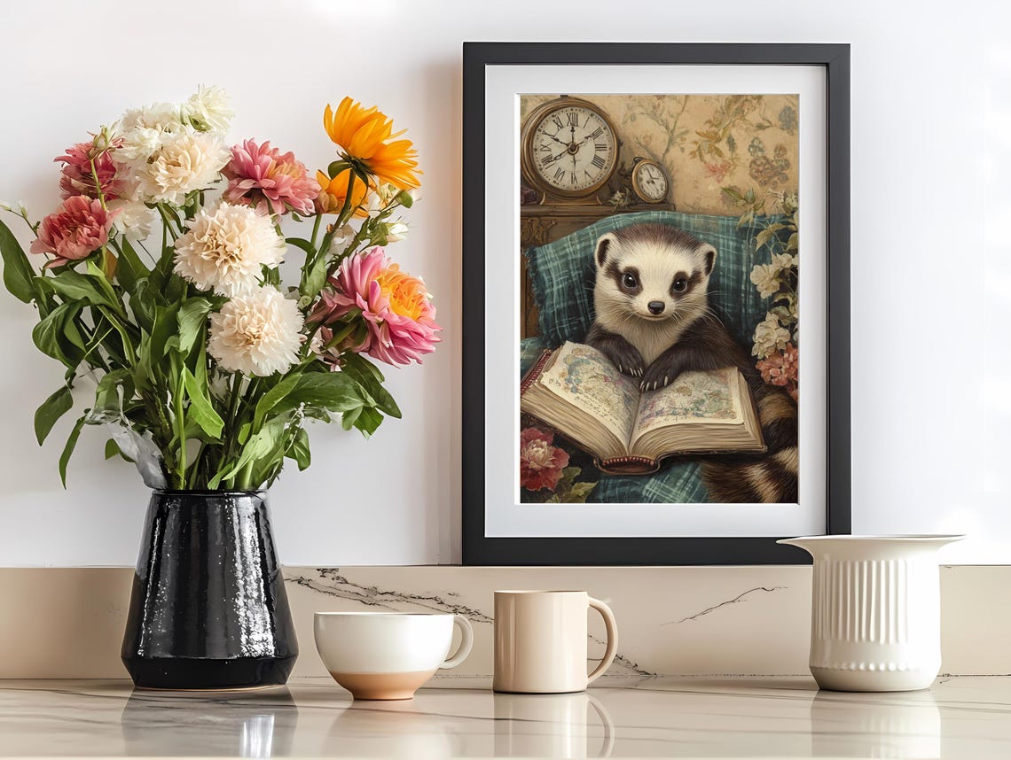 Charming Ferret Reading Old Book Armchair Whimsical Animal Poster - Image 2
