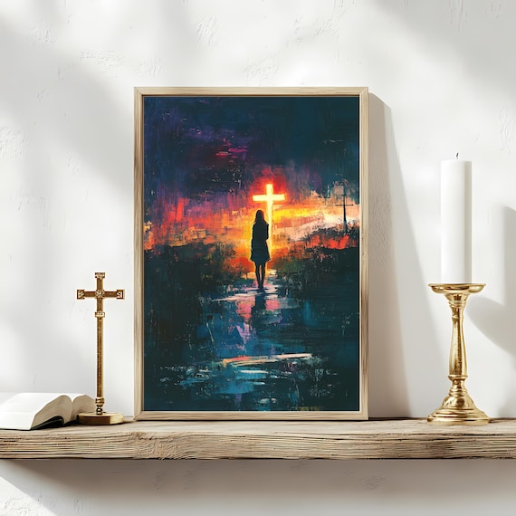 Girl At Glowing Cross Sunset Christian Faith Painting Silhouette Print