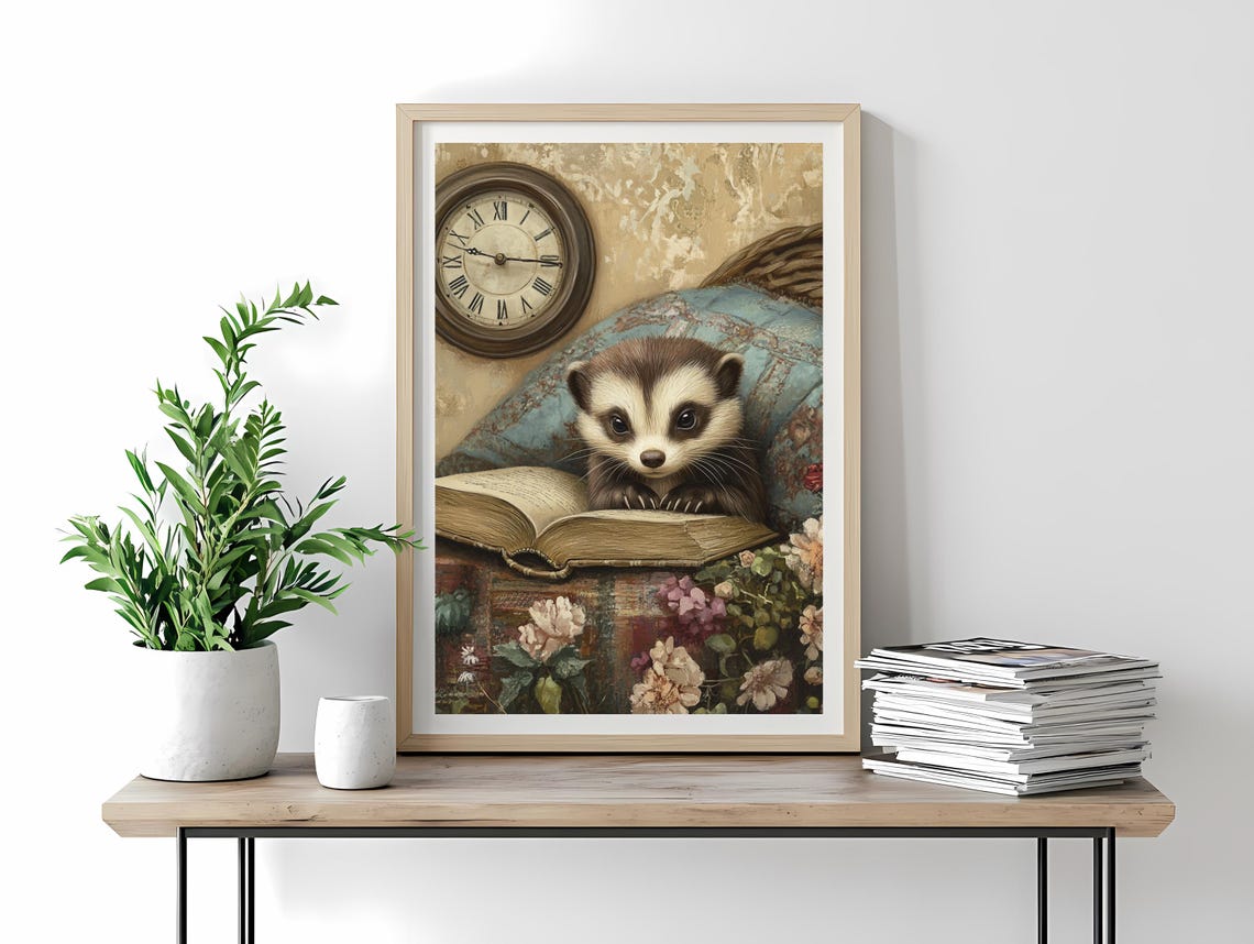 Cozy Ferret Reading a Book in a Vintage Study with Clock Poster