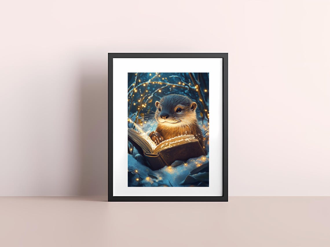 Magical Otter Reading Glowing Book in Snowy Winter Forest Poster - Image 3