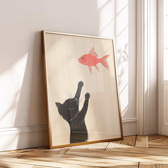 Funny Cat And Red Fish Print Bold Minimal Wall Art Playful Modern Animal Poster For Pet Lovers