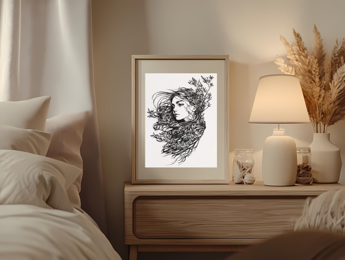 Botanical Line Art Woman Profile Floral Black White Minimal Poster - Image 3