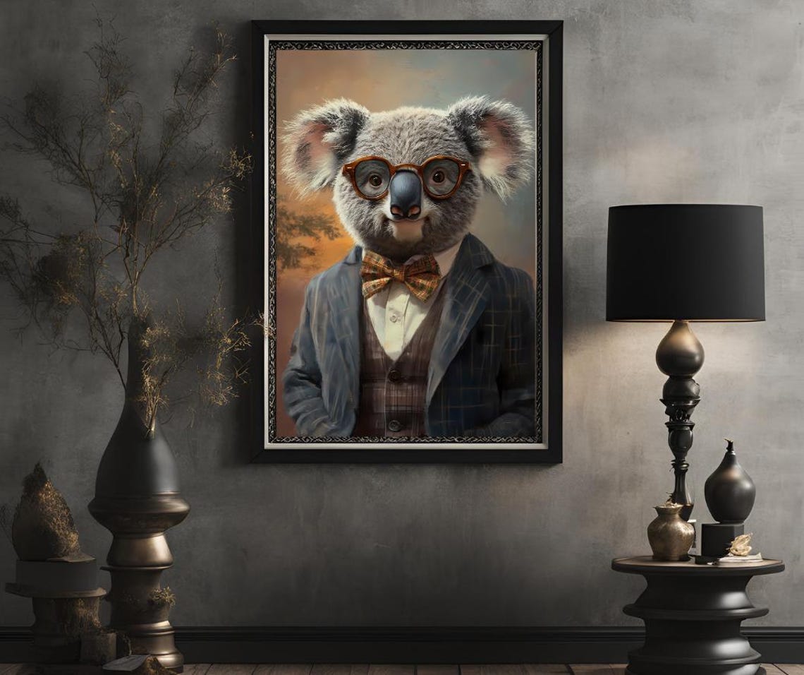 Dapper Koala in a Suit Bow Tie and Glasses Painted Portrait Poster - Image 2