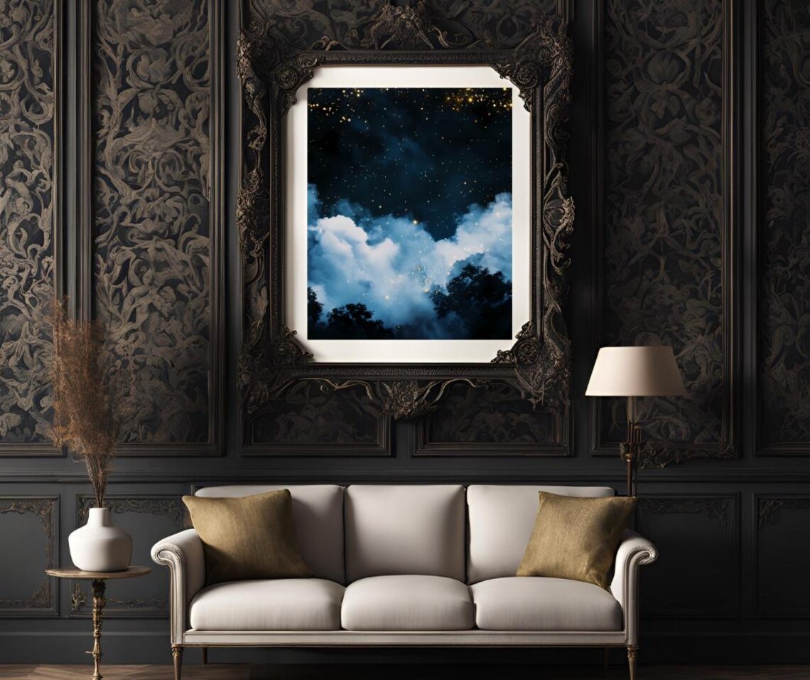 Starry Night Sky with Clouds and Golden Stars Celestial Art Poster - Image 3