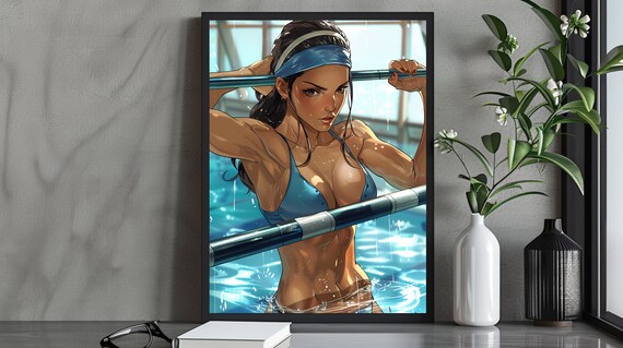 Strong Woman Climber in Blue Swimsuit at the Pool Art Poster
