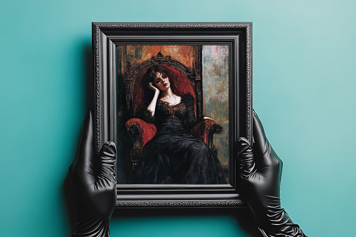 Victorian Woman Resting Ornate Chair Black Dress Elegant Art Poster