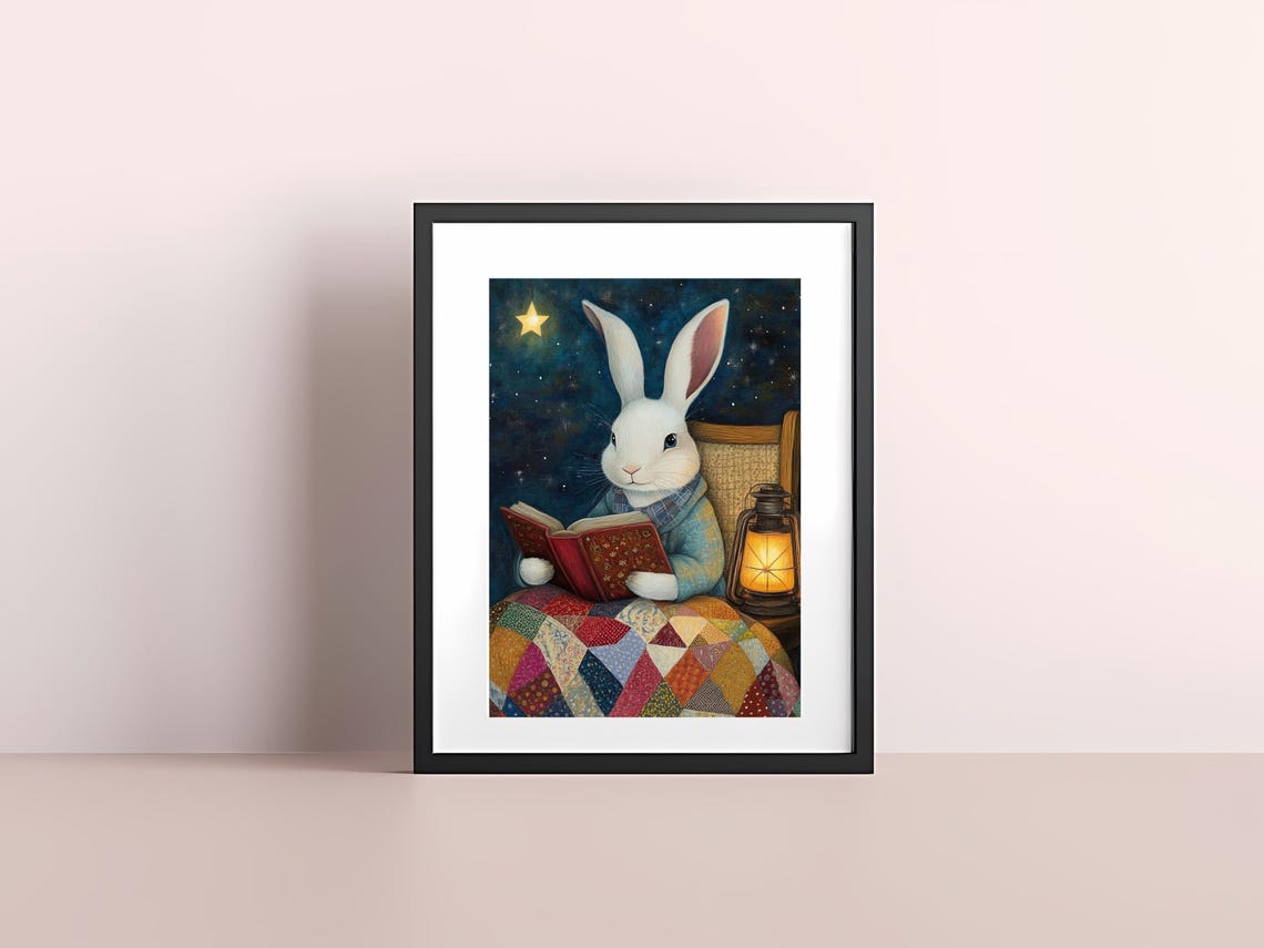 Whimsical White Bunny Reading Under a Starry Night Sky Poster - Image 4