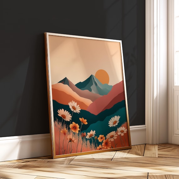 Terracotta Mountain Sunrise Daisy Meadow Boho Floral Landscape Poster