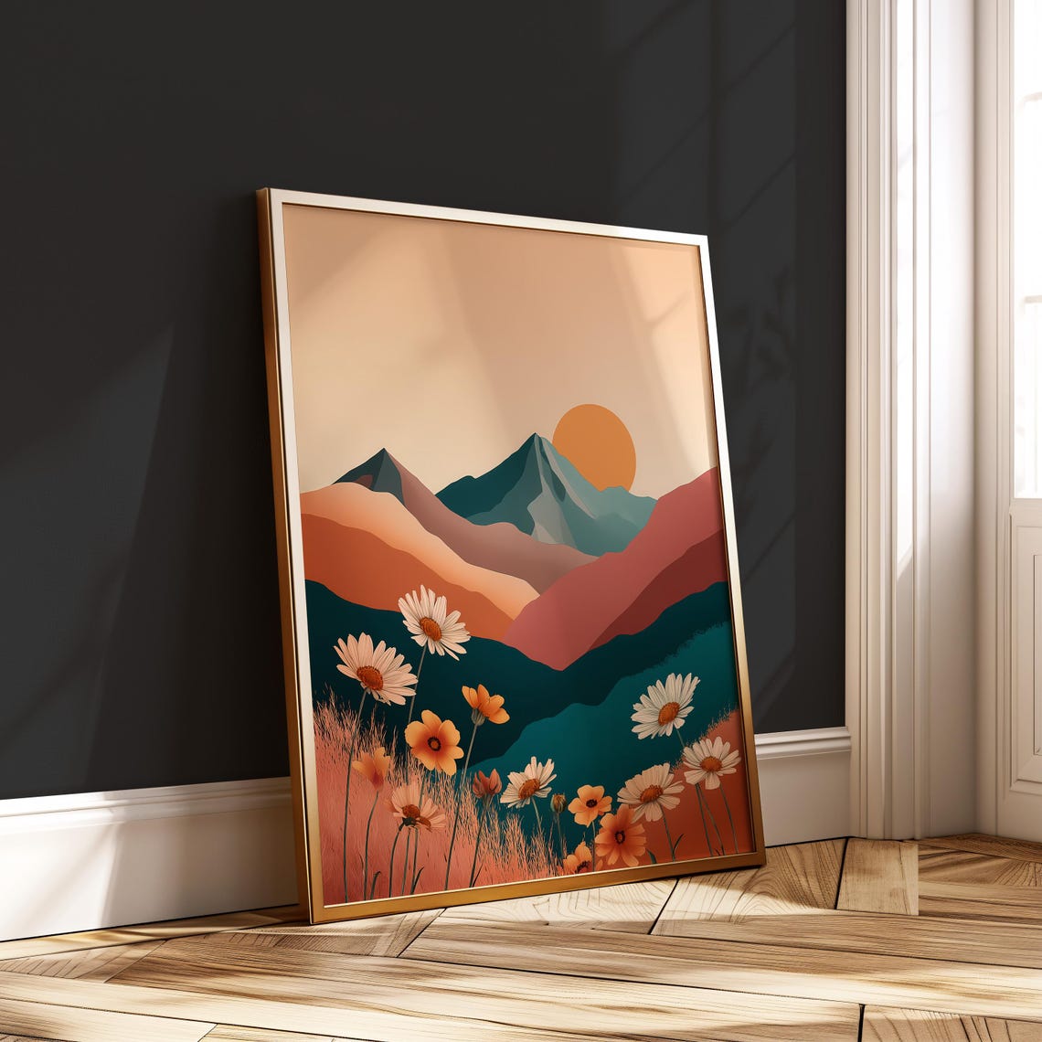 Terracotta Mountain Sunrise Daisy Meadow Boho Floral Landscape Poster