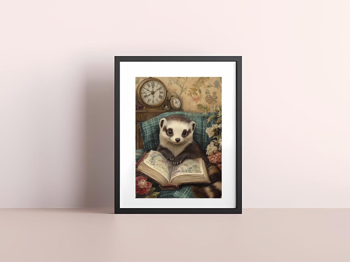 Charming Ferret Reading Old Book Armchair Whimsical Animal Poster