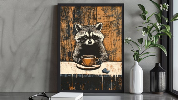 Charming Raccoon With Coffee, Kitchen Artwork