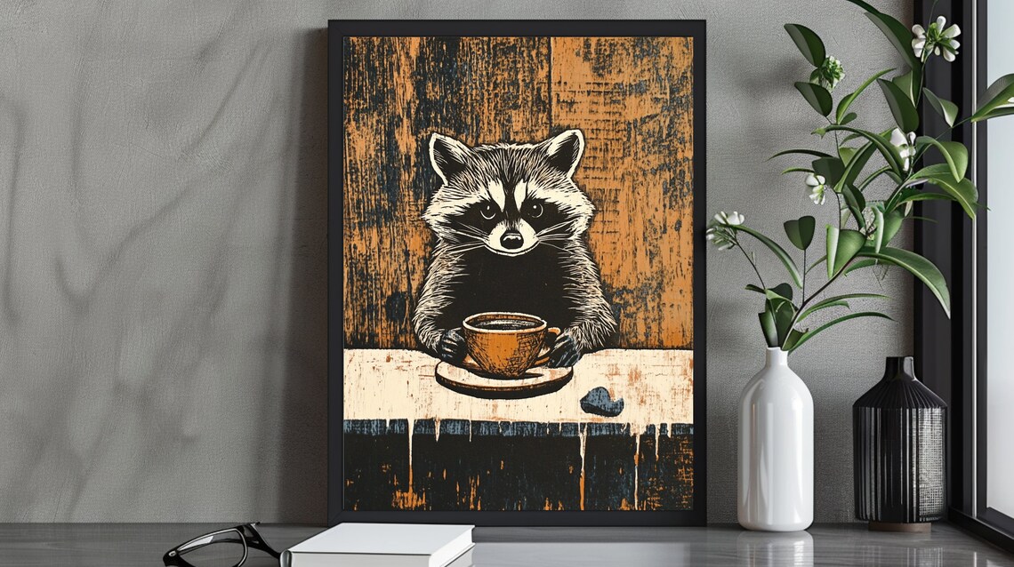 Charming Raccoon With Coffee, Kitchen Artwork
