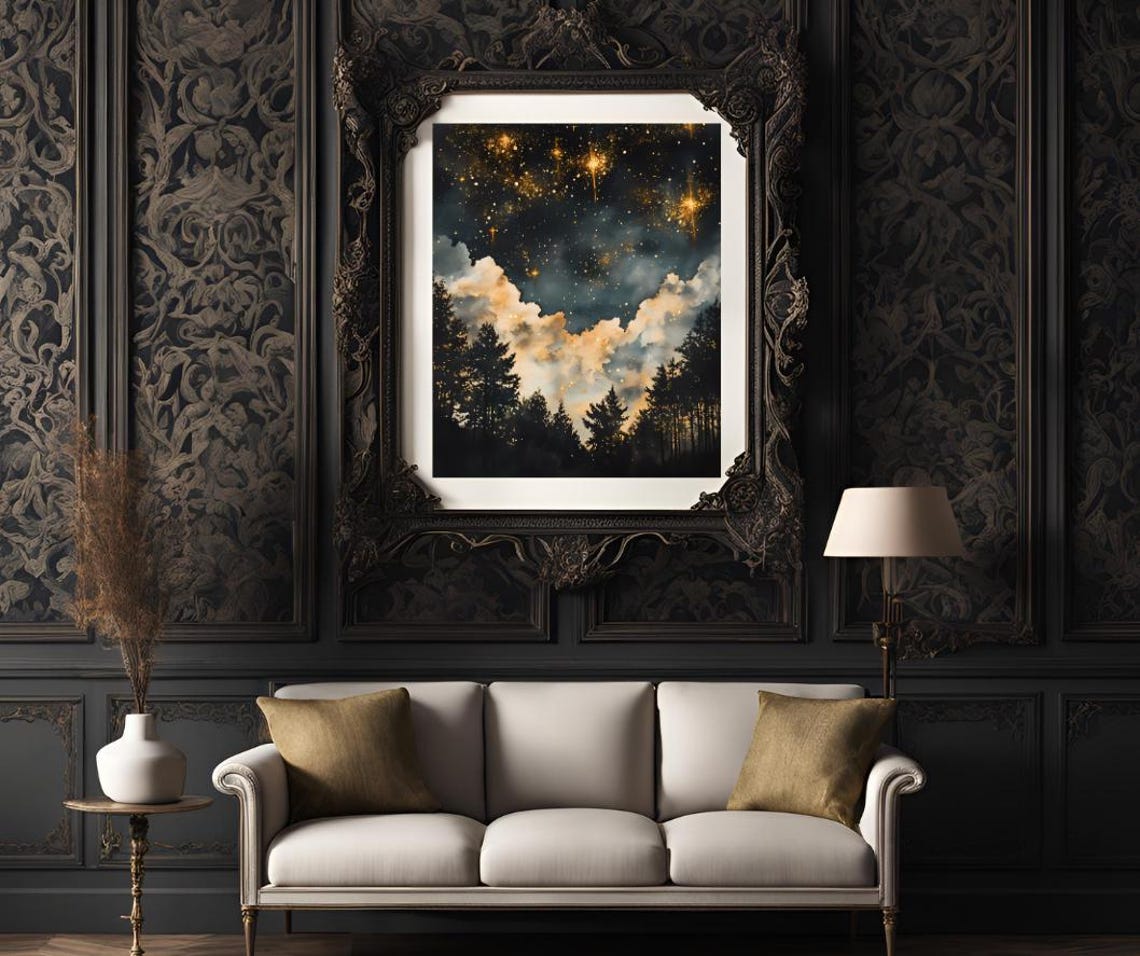 Starry Night Sky Over Pine Forest Silhouettes Golden Hue Poster - Image 3