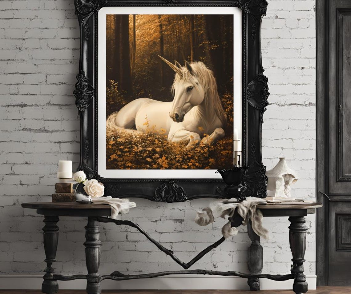 Magical White Unicorn Resting Golden Autumn Forest Fantasy Art Poster - Image 4