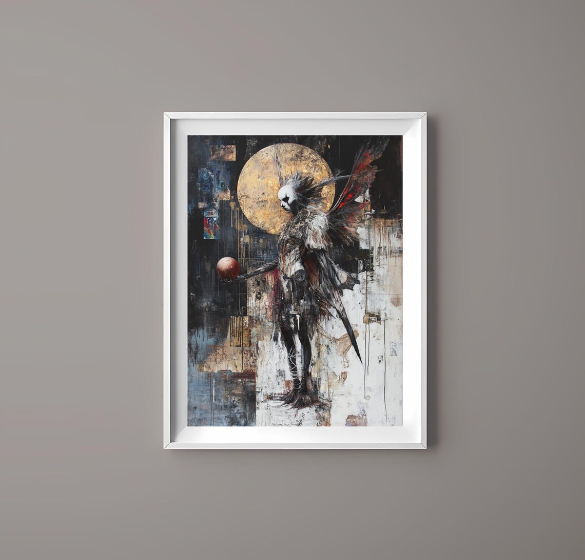 Surreal Dark Gothic Angel Standing Before a Golden Moon Art Poster - Image 4