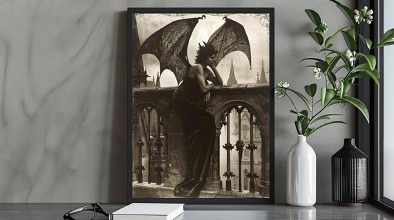 Mysterious Winged Woman In Black Leaning On Gothic Balcony Iron Gate Poster