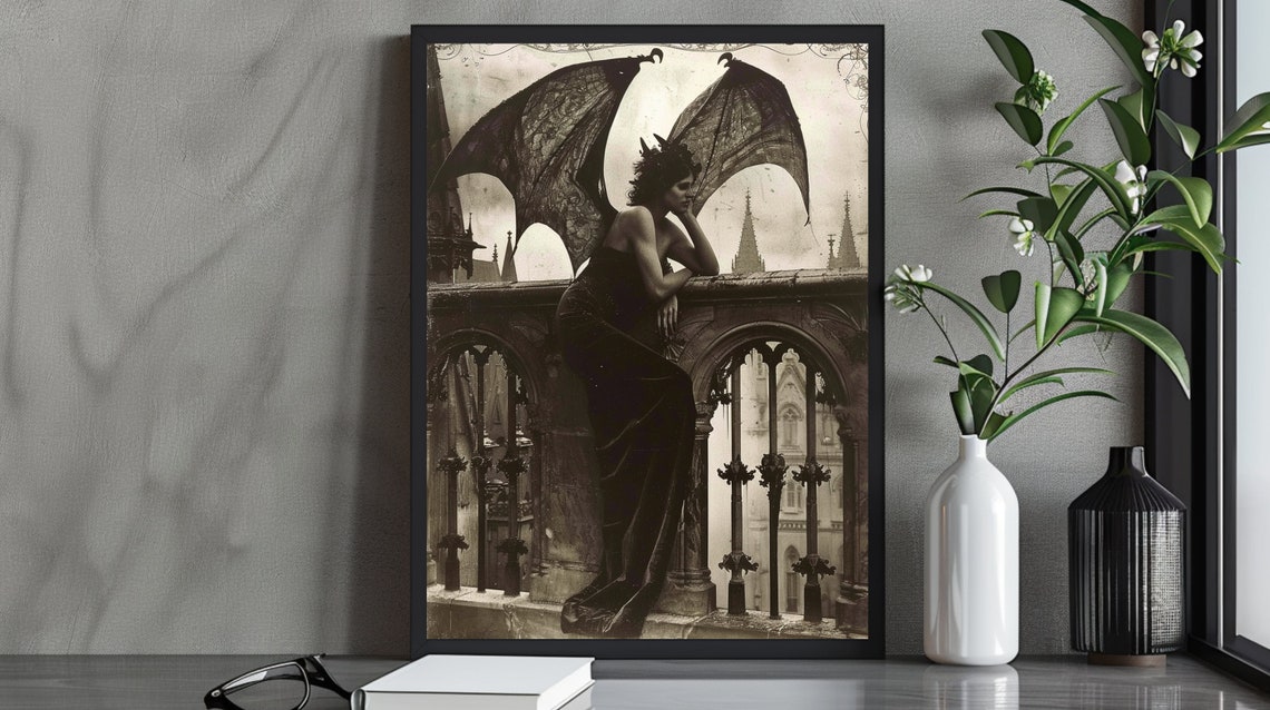 Mysterious Gothic Dark Angel Art Print Winged Woman On Gothic Balcony Atmospheric Fantasy Wall Art Ethereal Gothic Decor