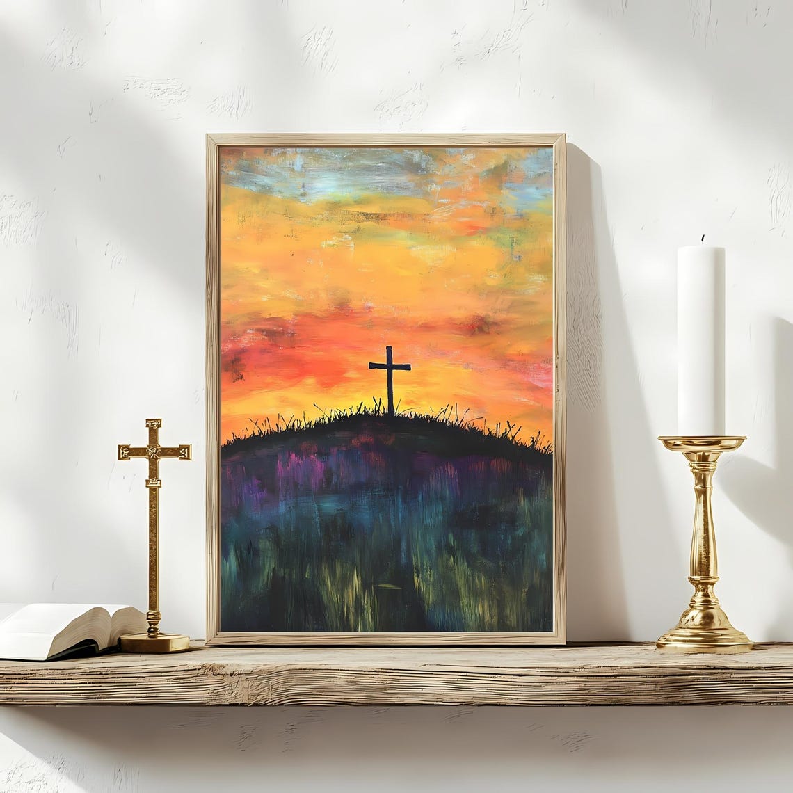 Cross On The Hill At Sunrise Christian Easter Morning Art Bible Verse Wall Print He Is Risen Poster Resurrection Decor